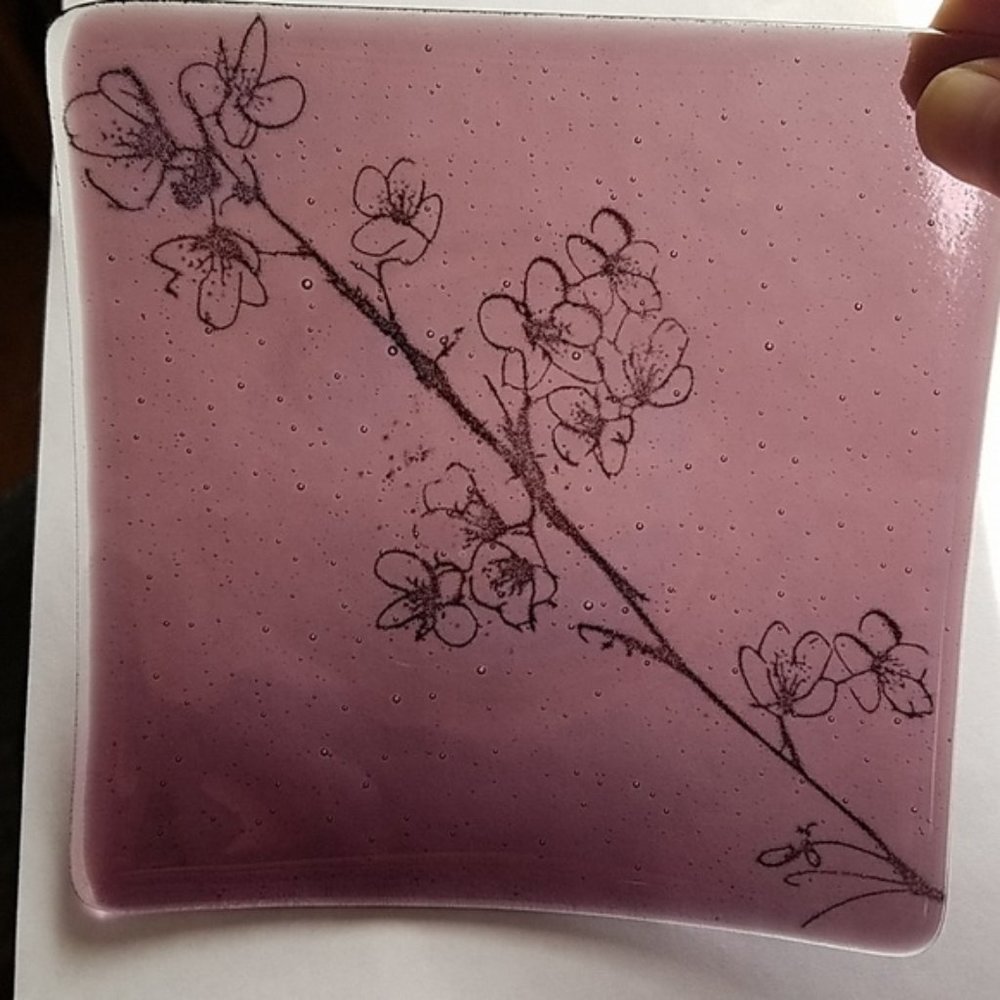 Handmade floral etched art glass plate - medium
